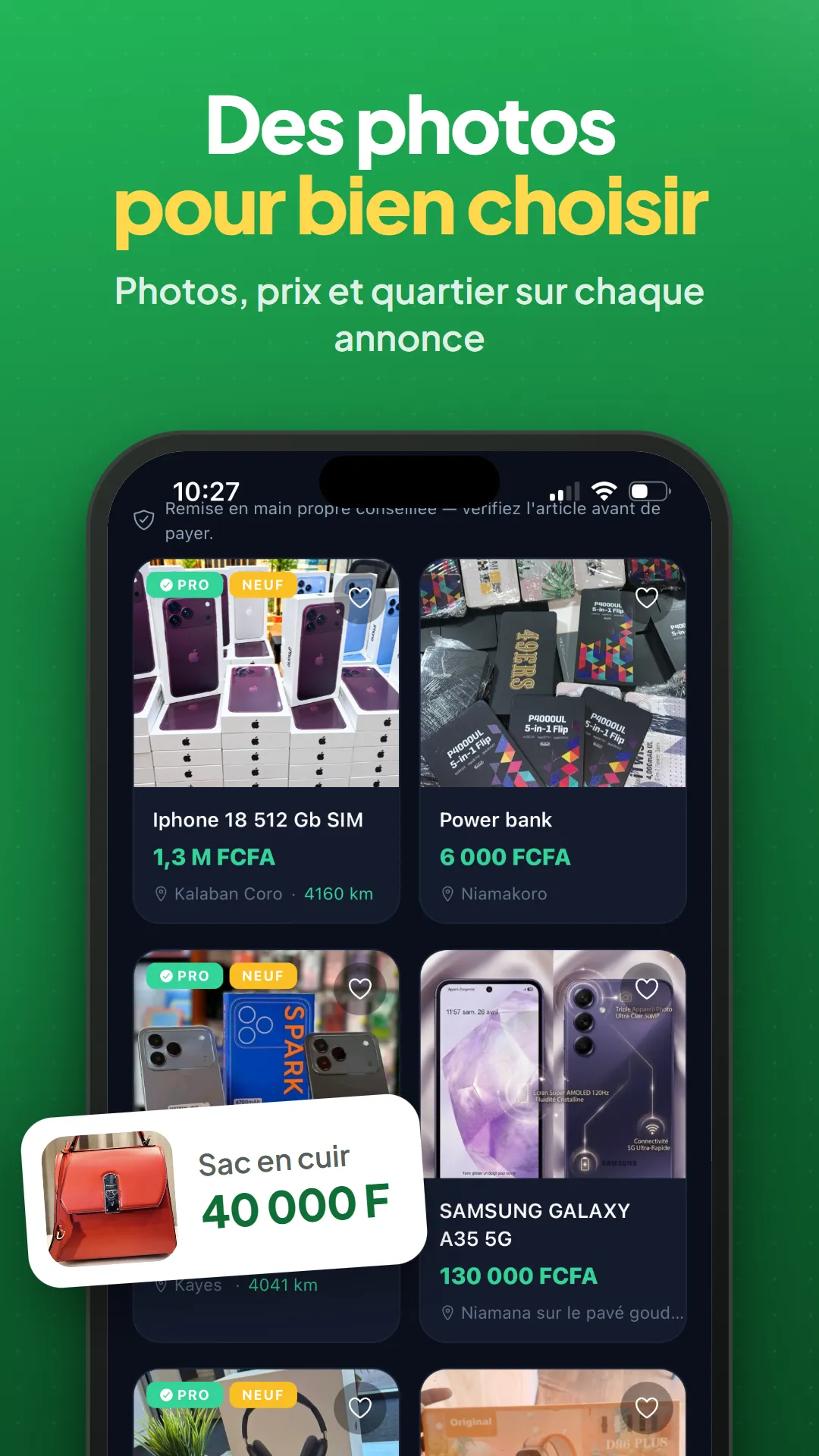 Fiches annonces avec photos, prix et localisation