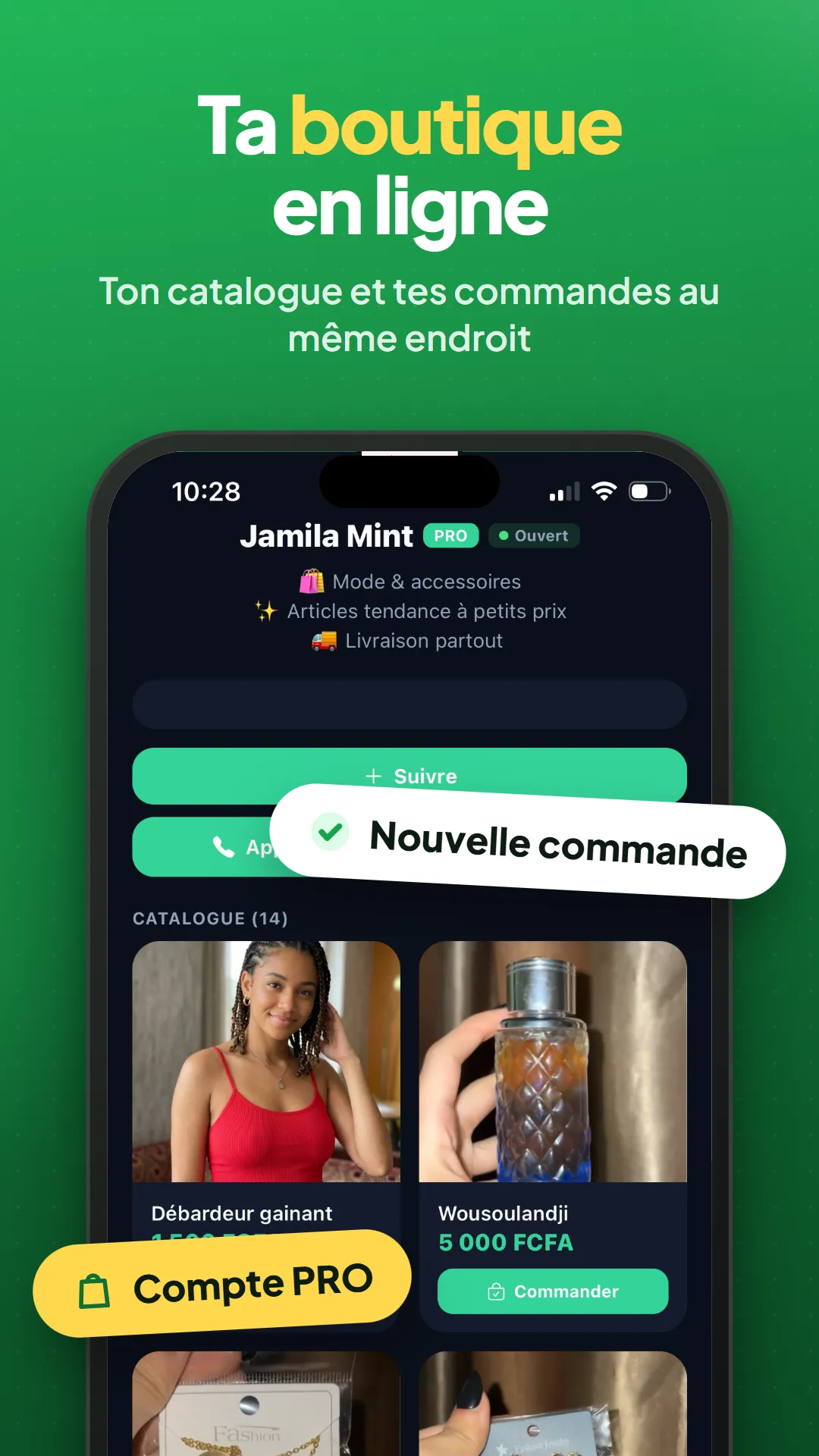 Boutique professionnelle avec catalogue et commandes