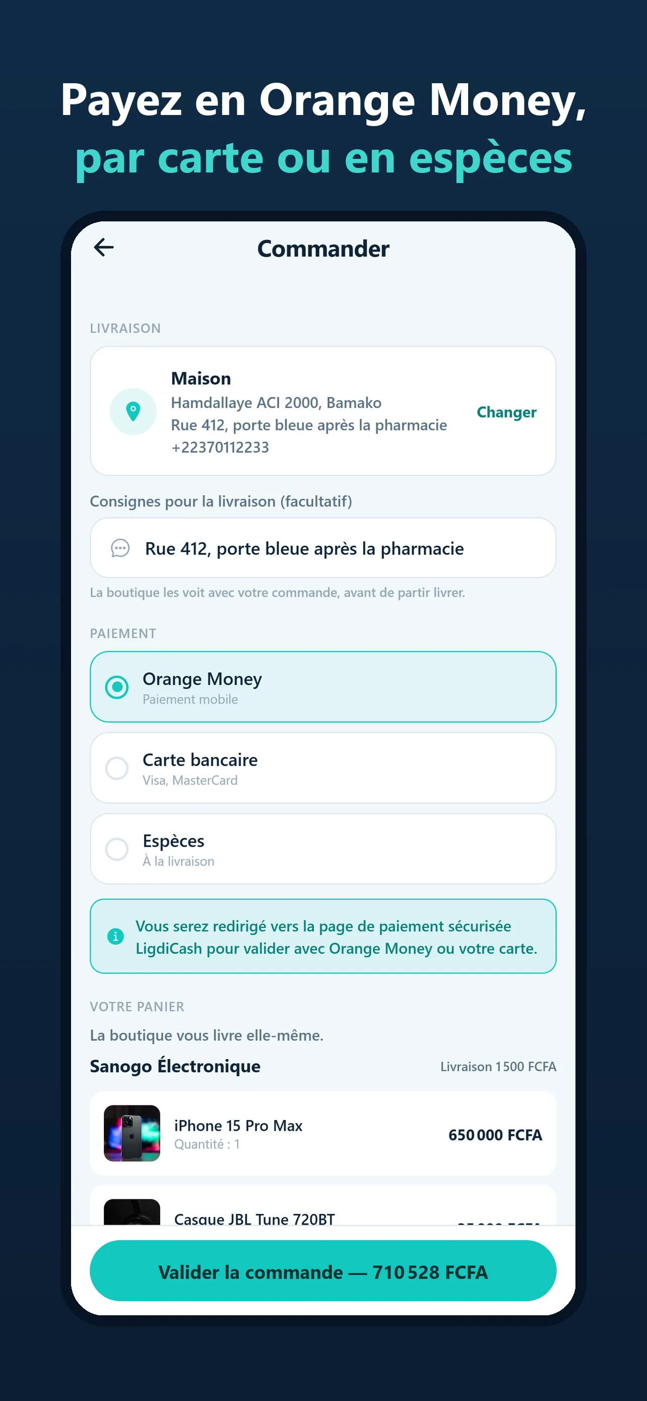 Commande et choix du paiement : Orange Money, carte ou espèces