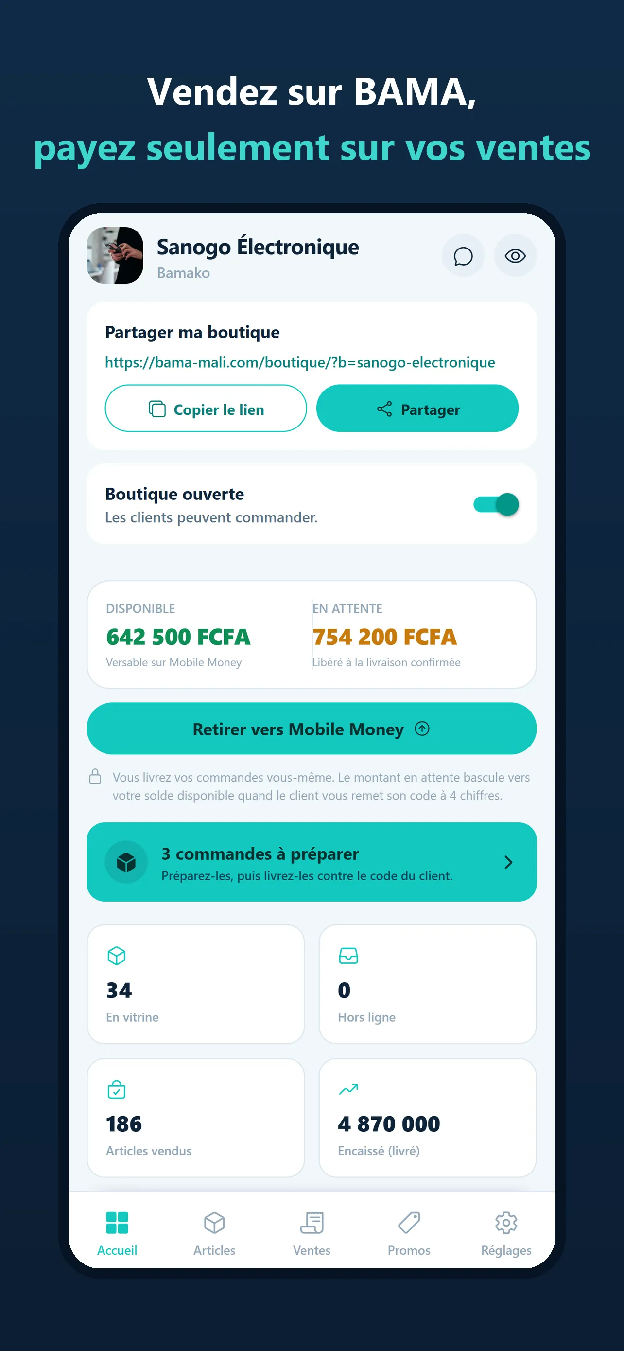 Espace vendeur : solde, retrait Mobile Money et ventes