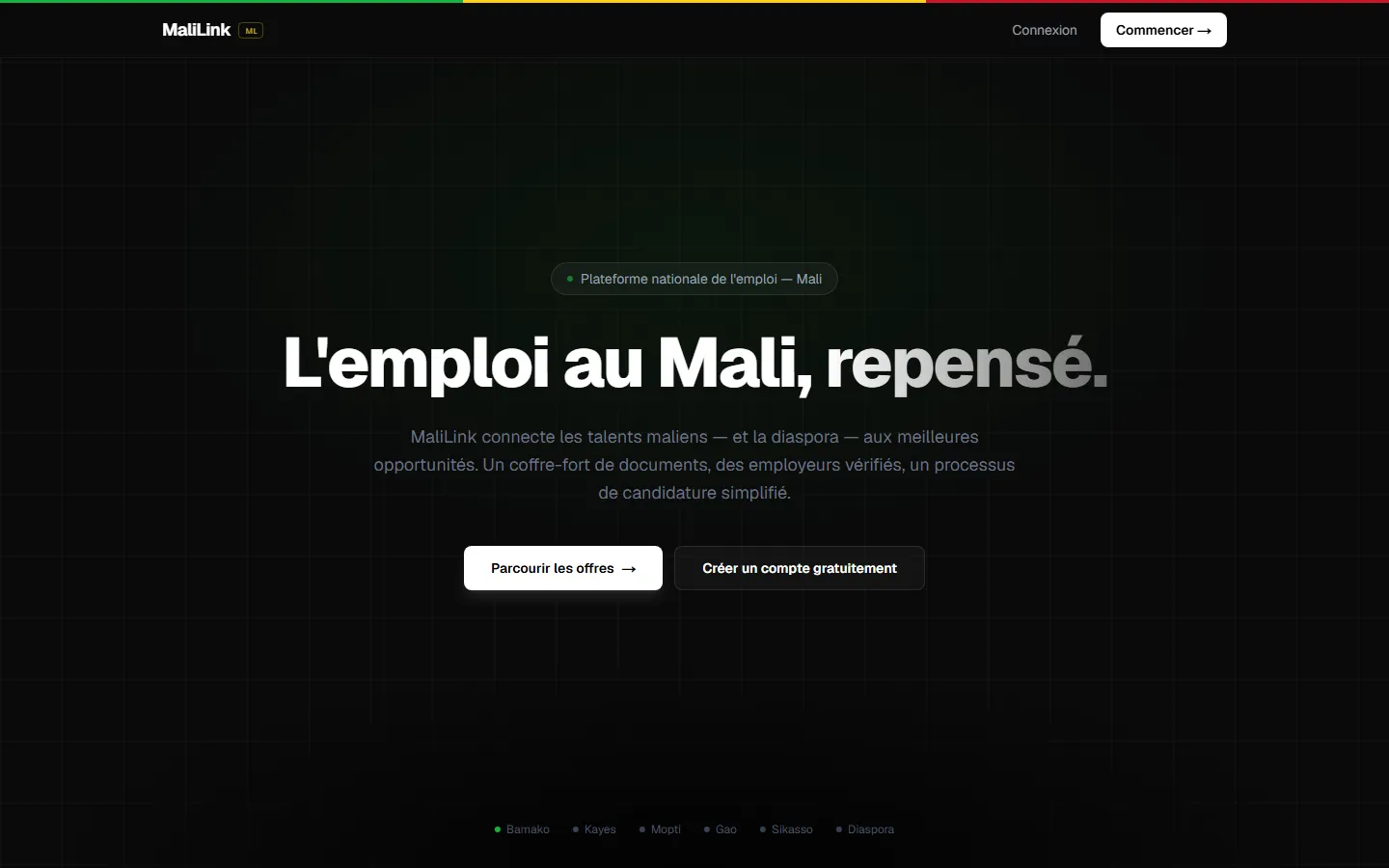Page d'accueil de la plateforme MaliLink