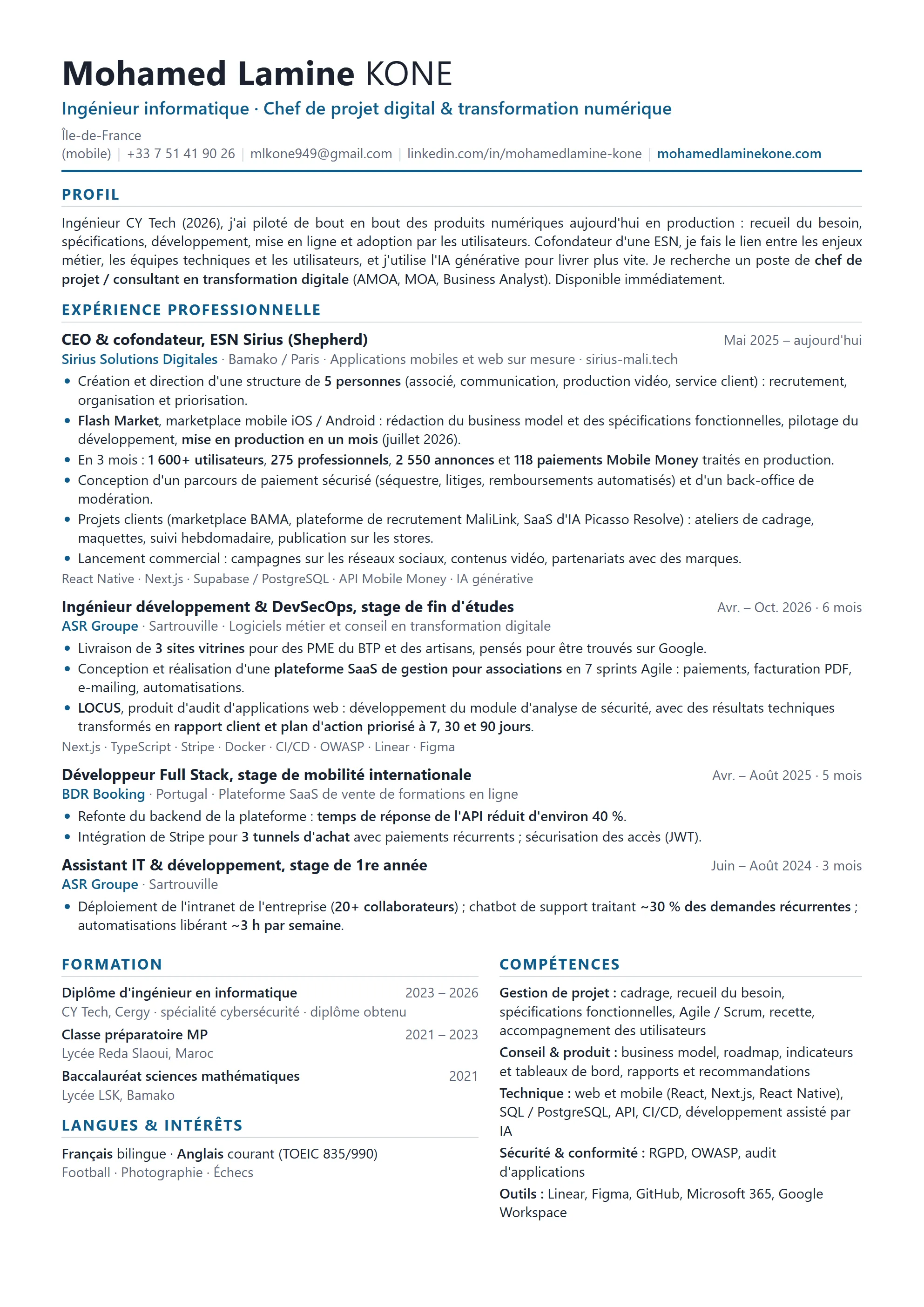 Aperçu du CV de Mohamed Lamine Kone : profil, expérience chez Sirius, ASR Groupe et BDR Booking, formation à CY Tech, compétences et langues.