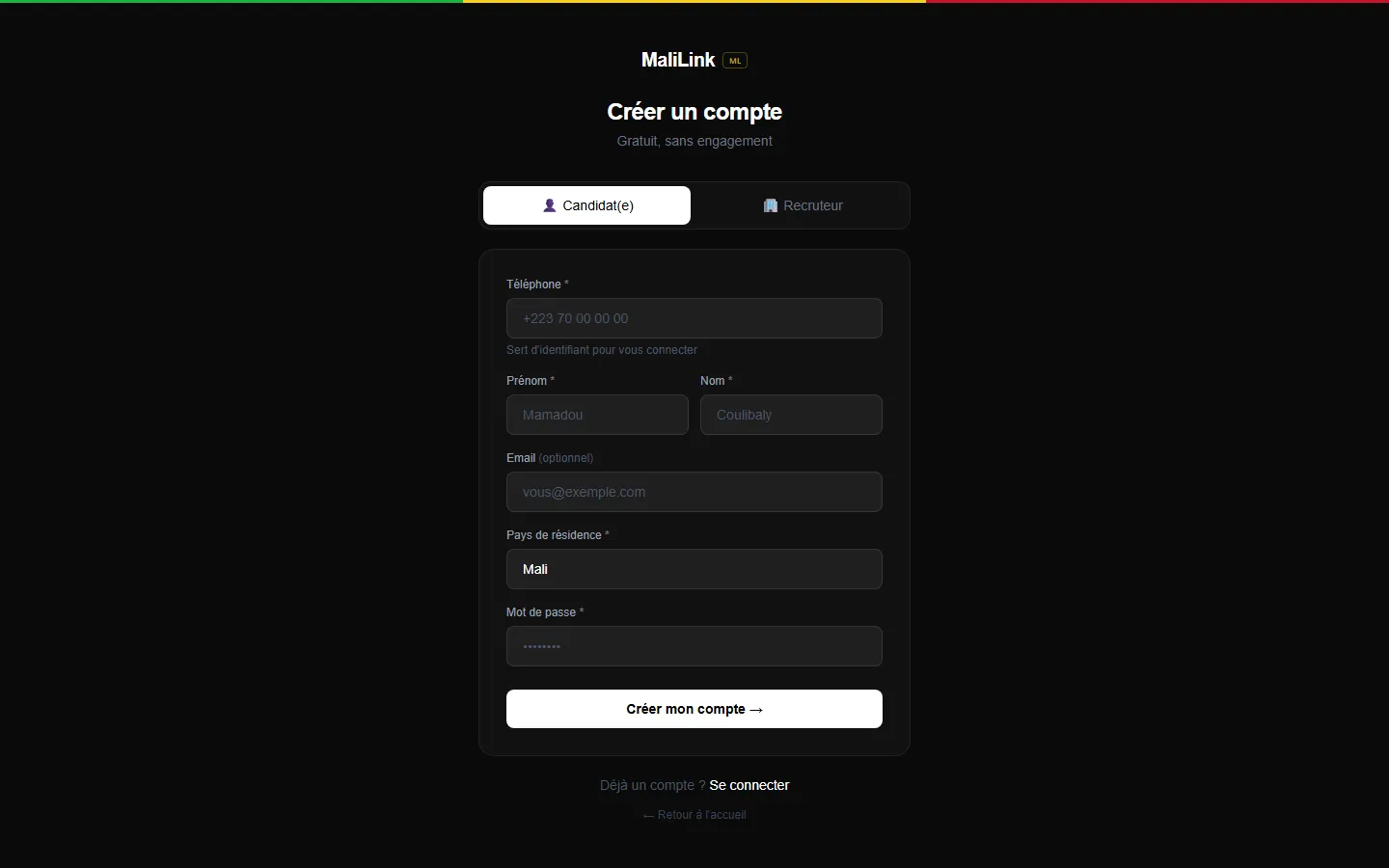 Création de compte candidat ou recruteur, avec identifiant téléphonique